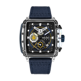 Square watch with transparent case, black and blue dial with yellow accents, white/blue hands, and blue woven-texture strap.