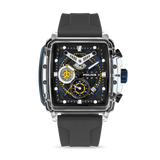 Square black watch with a clear outer frame, black dial with blue and yellow accents, two sub-dials, and a black silicone str