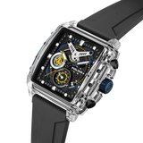 Rectangular clear case watch with black dial, blue and yellow accents, white hands, blue crown, and black silicone strap.