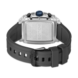 Back view of a square clear watch with a silver-toned backplate and a blue crown. It has a black silicone strap with a black