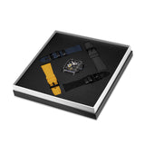 Police watch set with a transparent rectangular case, black and blue dial, and interchangeable straps in black, blue, and yel