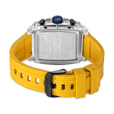 Back view of a watch with a clear rectangular case, silver-toned back, blue crown, black pushers, and yellow silicone strap w