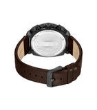 Black-cased watch with a silver-toned stainless steel back and a brown leather strap with a black-toned buckle.