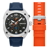 Police men's watch with a silver-toned octagonal case, dark grey dial, blue leather strap, and an orange silicone strap.