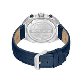 Back of a silver-toned stainless steel watch with an engraved case back. It has a blue leather strap with a silver-toned buck