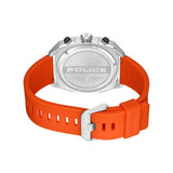 Silver-toned stainless steel watch with an orange silicone strap. Case back features 'POLICE' engraving and sunburst pattern.