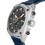Silver-toned angular watch with a gunmetal honeycomb dial, white numerals, orange and blue accents, and a blue leather strap.