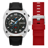 Silver-toned Police men's watch with black dial, black leather strap, and an additional red textured silicone strap with silv