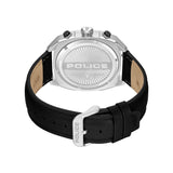 Back of a silver-toned stainless steel watch with black-topped pushers, a black leather strap, and a silver-toned 'POLICE' bu