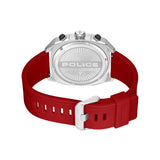 Back view of a watch with a silver-toned case, engraved back, and two black pushers. It has a red silicon strap with a silver