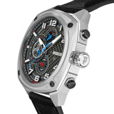 Silver-toned angular watch with black honeycomb dial, white markers, blue/red accents, silver-toned hands, and black leather