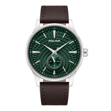Police men's watch with a silver-toned stainless steel case, green textured dial, and brown leather strap.