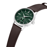 Round silver-toned watch with a textured green dial, white markers, a sub-dial, and a brown leather strap with stitching.