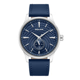 Police men's watch with a silver-toned stainless steel case, blue textured dial, and a blue leather strap.