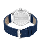 Silver-toned watch with a blue leather strap. The case back is engraved with "POLICE" and a winged logo. The strap has a silv