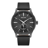 Men's Police watch with a dark gunmetal case, black textured dial, silver-toned hands and markers, and a black leather strap.