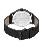 Black watch with a black case and black leather strap. The silver-toned stainless steel backplate has "POLICE" branding. Blac