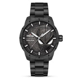 Black Police men's watch with a textured Spider-Man mask dial and a black metal link bracelet.
