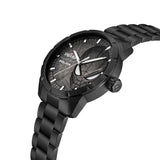Black metal watch with a link bracelet. Dark gray dial features a textured Spider-Man mask design with white eyes, markers, a
