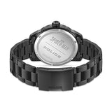 Black watch with a metal link bracelet and clasp. The silver-toned case back has "SPIDER-MAN" and "POLICE" engravings.