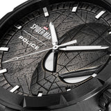 Black watch with textured dark gray Spider-Man mask dial, silver-toned hands and bar markers. 'SPIDER-MAN' and 'POLICE' text.