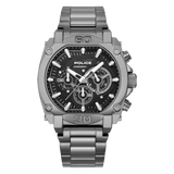 Police men's chronograph watch with a gunmetal grey case and bracelet, and a black dial with white accents.