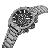 Gunmetal-toned watch with an angular case, black chronograph dial, white markers, and a multi-link metal bracelet.