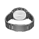 Back view of a gunmetal-toned watch with a link bracelet. The silver-toned case back is engraved with 'POLICE' and 'STAINLESS