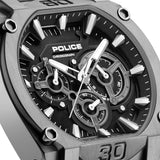 Gunmetal-toned chronograph watch with an octagonal case, black textured dial, silver-toned luminous hands and faceted markers