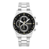 Silver-toned stainless steel chronograph watch with a black textured dial and yellow accents