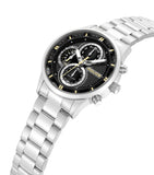 Silver-toned watch with black dial, honeycomb texture, three sub-dials, gold-toned markers, and a silver-toned link bracelet.