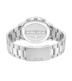Silver-toned stainless steel watch, back view. Case back features 'POLICE' logo and '5 ATM WATER RESISTANT'. Bracelet clasp h