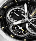 Silver-toned watch with black textured dial, gold-toned bar hour markers, and three subdials with silver-toned and black ring