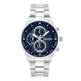 Police men's chronograph watch with a silver-toned stainless steel case and bracelet, and a blue textured dial.