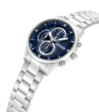 Silver-toned watch with a blue dial featuring a honeycomb texture, three silver-toned subdials, and a silver-toned metal link