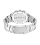 Silver-toned stainless steel watch, back view. Features a link bracelet and an engraved case back with Police logo and text.