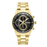 Gold-toned Police chronograph watch with a black textured dial, three sub-dials, and a gold-toned metal link bracelet.
