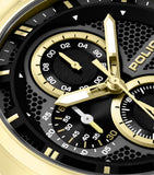 Gold-toned watch with a black textured dial, three sub-dials with gold-toned rings, gold-toned hands with white inserts, and