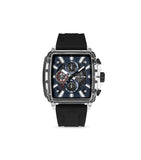 Square clear TR90 watch with a blue textured chronograph dial, white markers, and black silicon strap.