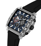 Clear rectangular TR90 watch with a textured blue dial, three black subdials, silver-toned markers and hands, and a black sil