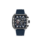 Rectangular watch with a clear TR90 case, blue textured dial with chronograph sub-dials, and a blue silicone strap.