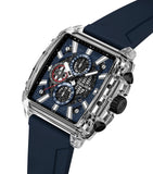 Clear rectangular TR90 watch with a blue textured dial, three black subdials, white markers, and a dark blue silicone strap.