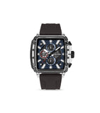 Clear TR90 square watch with a blue textured dial, white markers, and three sub-dials. Features a black silicone strap and bl