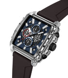 Rectangular clear TR90 case watch with blue textured dial, three black sub-dials, silver-toned markers, and a dark brown sili