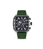 Square clear TR90 case watch with a blue textured dial, white markers, and three subdials. Features a green silicone strap an