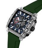 Clear rectangular TR90 watch with a blue textured dial, silver-toned markers, black sub-dials, and a green silicone strap.