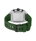 Back of a watch with a clear rectangular TR90 case, silver-toned back plate, and a dark green silicone strap with a black buc