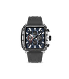 Square clear TR90 watch with a textured blue dial, white markers, three sub-dials, and a dark gray silicone strap.