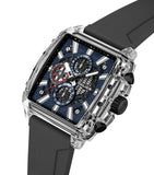 Clear rectangular TR90 watch with a blue textured dial, silver-toned markers, and black chronograph sub-dials. Black silicone