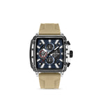 Clear TR90 rectangular watch with black accents, blue textured dial, white hands, three sub-dials, and a beige silicone strap